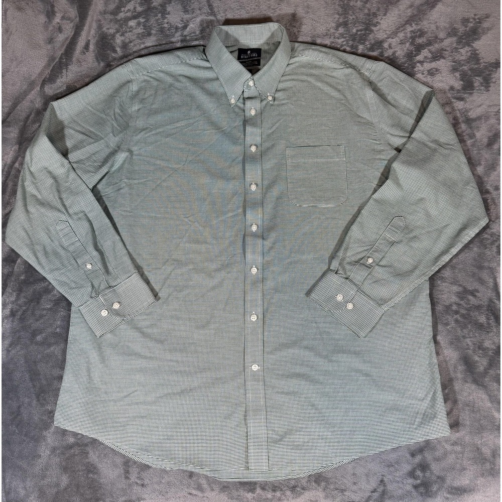 Stafford Shirt Mens 18 36/37 Green Houndstooth Fitted Stretch Dress Long Sleeve